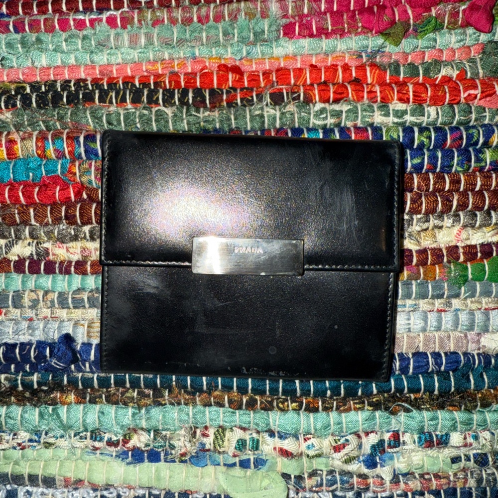 Vintage Prada Wallet - Black Leather with Silver Accent